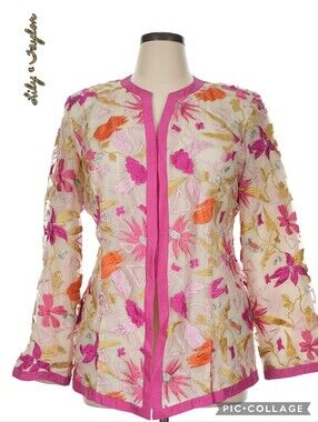 LIly & Taylor sheer embroidered silk tunic jacket in cream, snap front pink trim